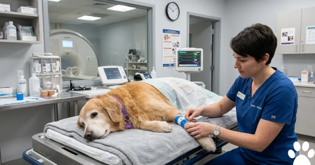 What Causes Fits in Older Dogs: Older Golden Retriever having brain imaging to find what causes fits in older dogs