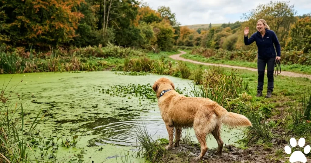 What Toxins Can Cause Seizures in Dogs: Golden Retriever near blue-green algae, an outdoor toxin causing seizures in dogs