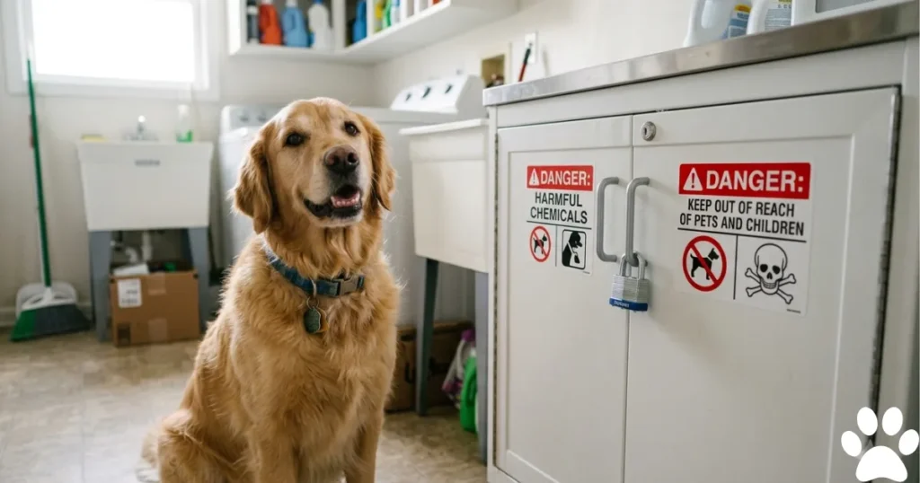 What Toxins Can Cause Seizures in Dogs: Golden Retriever beside safely stored toxins that can cause seizures in dogs
