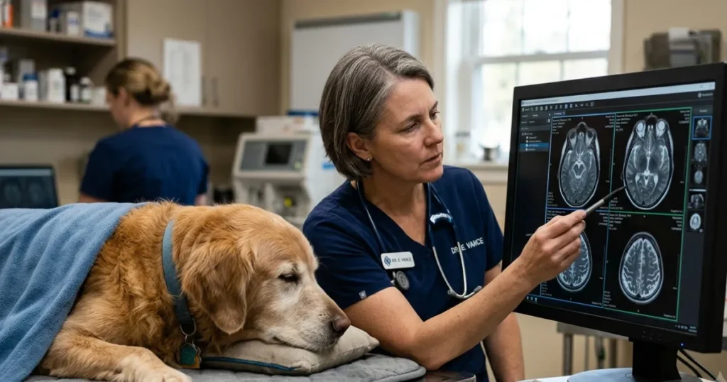 Dog Brain Tumor When to Euthanize: A vet reviewing a brain tumor MRI to guide treatment and euthanasia timing for a dog.