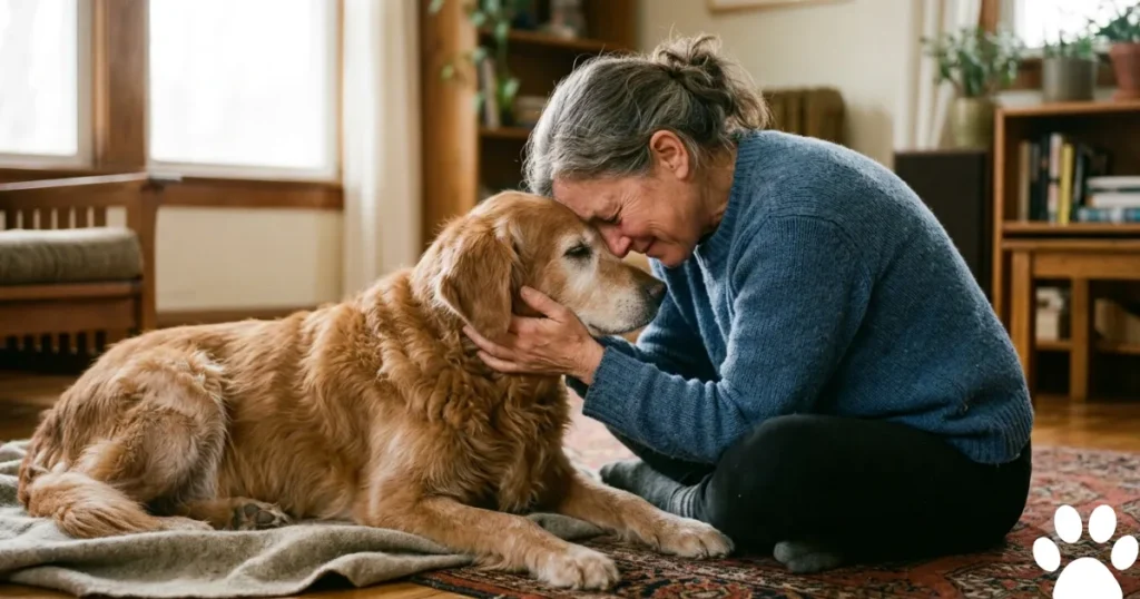 Dog Brain Tumor When to Euthanize: Real owner comforting a senior Golden Retriever with a brain tumor during hospice care. 