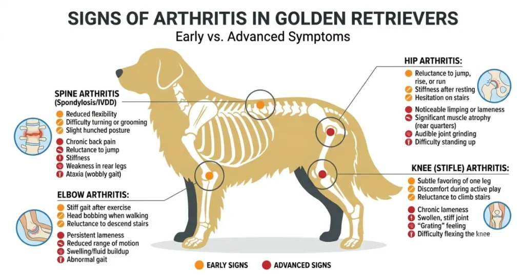Arthritis in Golden Retriever: Signs and symptoms of arthritis in golden retrievers by joint area