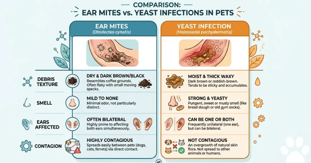 Black Gunk in Dog Ear: Ear mites vs yeast infection compared by debris texture, smell, and contagion 