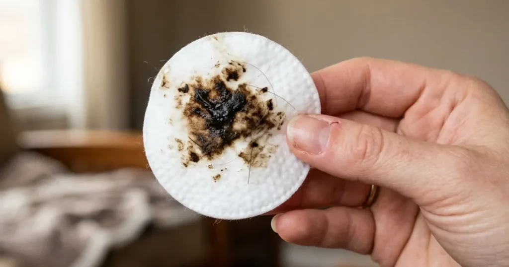 Brown Discharge in Dog Ear: Dark waxy dog ear wax on a cotton pad after a routine ear check 