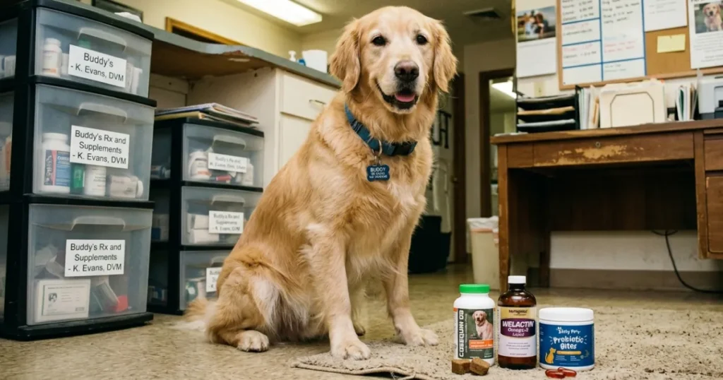 Dog Arthritis Supplements: A golden retriever's daily canine arthritis supplements routine at home