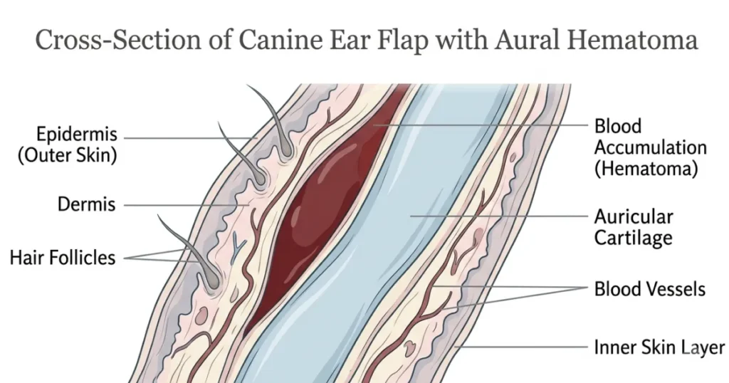 Dog Ear Hematoma: A dog ear hematoma shows as a sudden swollen, drooping ear flap
