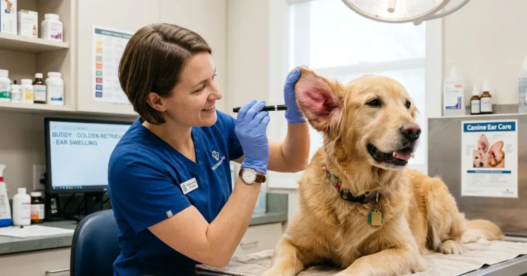 Swollen Ear Flap Dog: A vet examining a dog ear hematoma before deciding on treatment