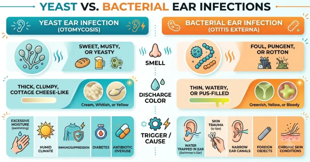 Dog Ear Yeast Infection: Dog ear yeast infection versus bacterial infection compared by smell and discharge 
