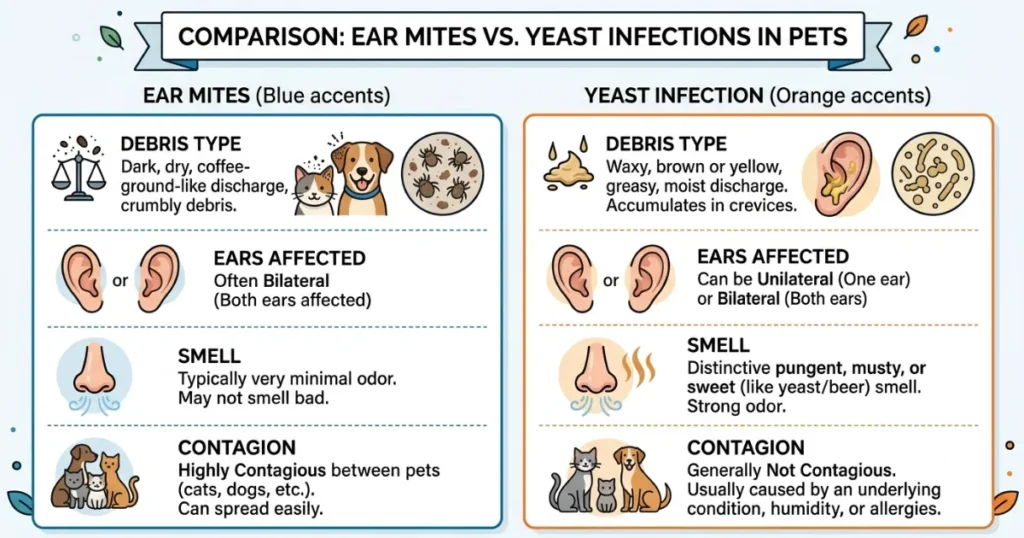 Dog Ear Mites Symptoms: Ear mites in dogs versus yeast infection compared by debris and contagion