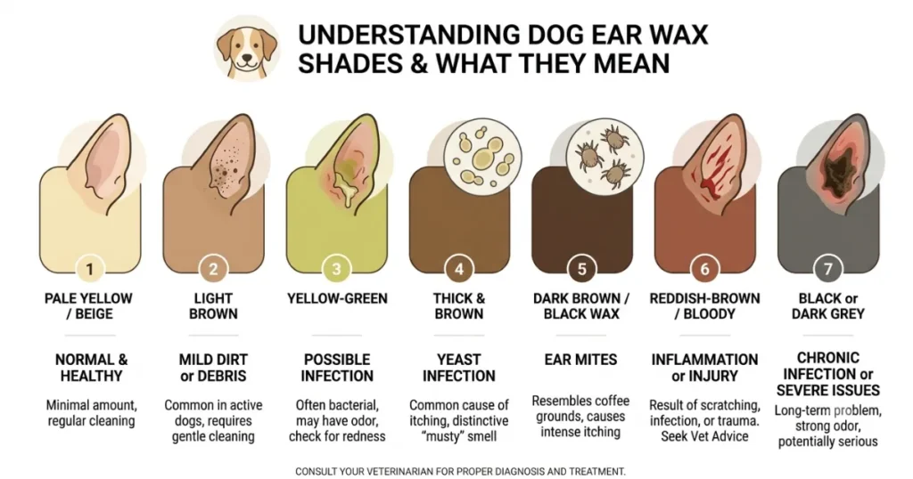 Dog Ear Wax: A dog ear wax color chart showing normal, yeast, mite, and bacterial shades 