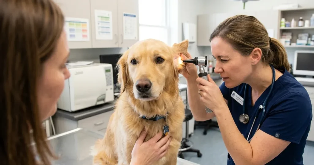 Why Is My Dog Shaking His Head: A vet using an otoscope to diagnose a Golden Retriever ear infection 