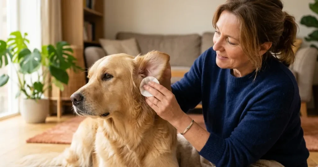 Ear Hair and Infections: Cleaning the ear after trimming Golden Retriever ear hair removes loosened debris
