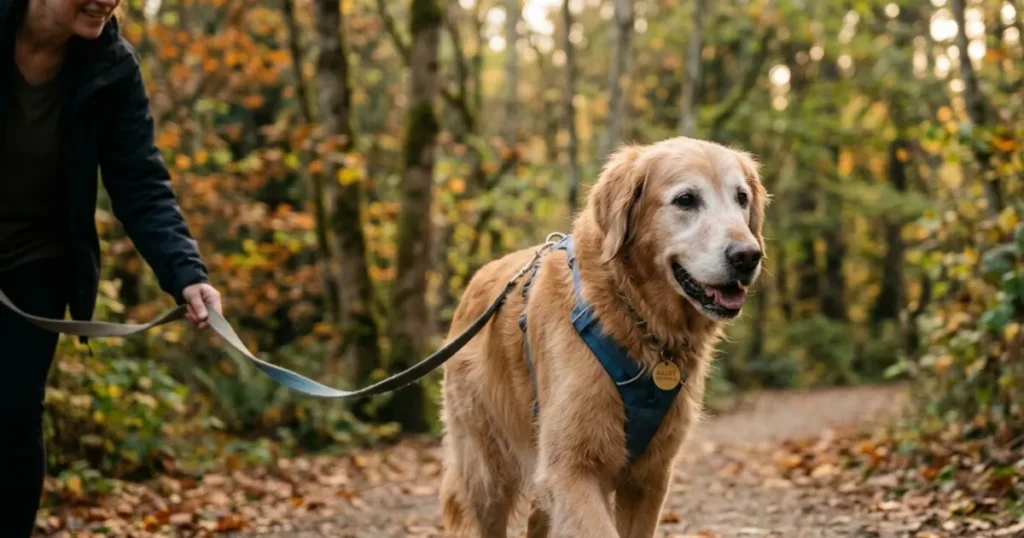 Golden Retriever Arthritis: Golden retriever managing arthritis well on a gentle senior walk