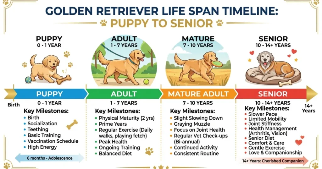 Golden Retriever Average Age: Golden retriever age span timeline across four life stages