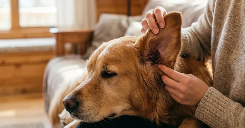 Golden Retriever Ear Care: Weekly Golden Retriever ear care check, lifting the flap to inspect the canal 