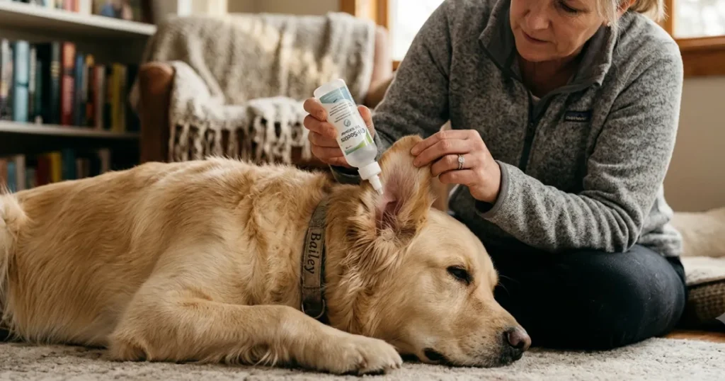 Golden Retriever Ear Cleaning: Filling the canal during Golden Retriever ear cleaning with a vet-approved solution 