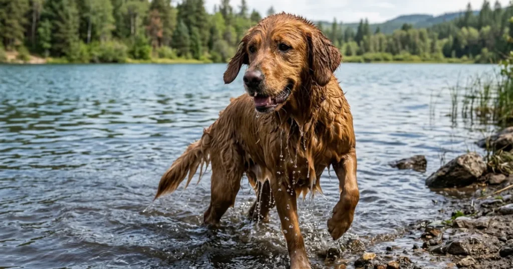 Golden Retriever Ear Problems: Wet Golden Retriever ears after swimming, which raises the risk of ear infection