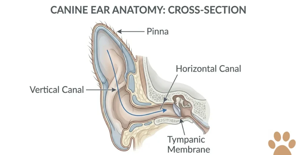 Golden Retriever Ears: Cross-section diagram showing the L-shaped ear canal behind common Golden Retriever ear problems 