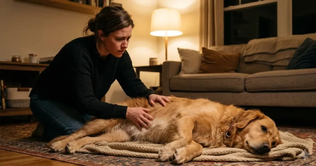 Golden Retriever Health Problems: Owner checking urgent golden retriever health concerns at home