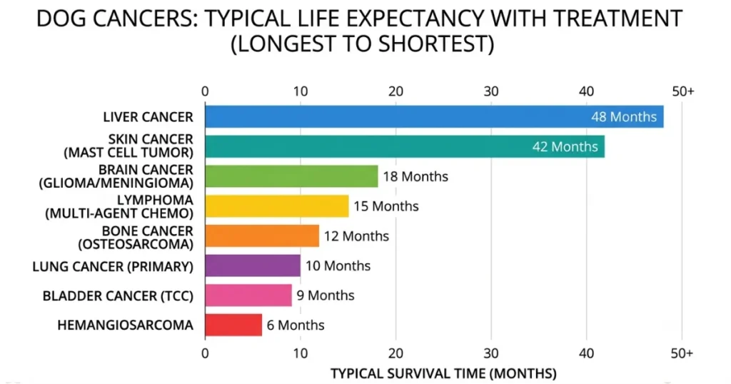 How Long Can a Dog Live With Cancer: Bar chart of how long a dog can live with cancer by type, ranked longest to shortest.