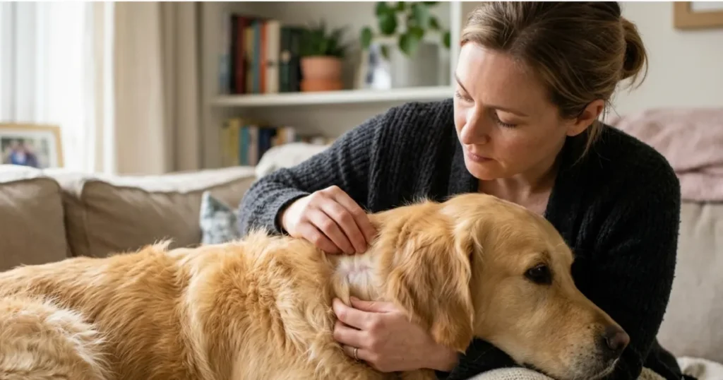 How Long Can a Dog Live with Cancer: Owner checking a Golden Retriever's skin for the lumps that can signal skin cancer.