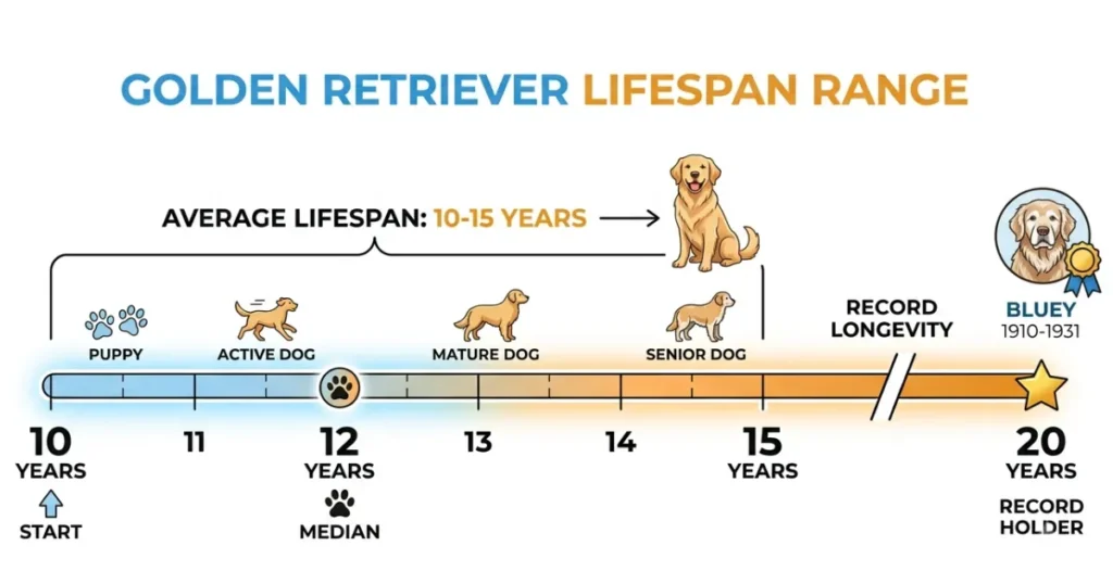 How Long Do Golden Retriever Dogs Live: How long does a golden retriever live, average range and record on a bar 