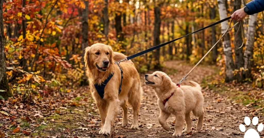 How Long Do Golden Retrievers Live: Golden Retriever Life Span Stages Shown By Puppy Walking Beside Adult 