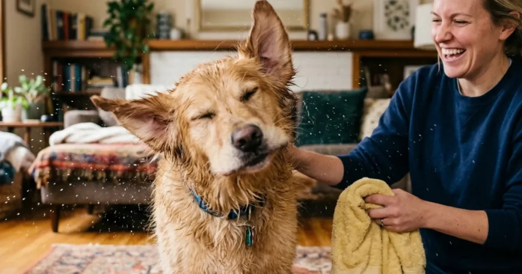 How Often To Clean Dog Ears: A Golden Retriever shakes after ear cleaning to clear loosened debris from the canal