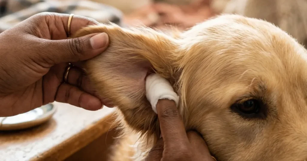 How Often To Clean Dog Ears: Correct Golden Retriever ear cleaning uses a cotton ball on the finger, not a swab