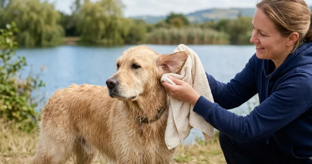 How To Prevent Dog Ear Infections: Drying dog ears after swimming with a soft towel to prevent infection