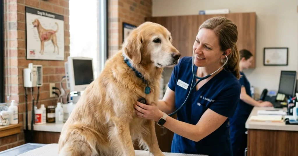 Old Golden Retriever Care: Twice-yearly senior care exam for an aging golden retriever
