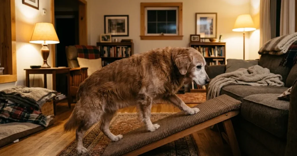 Old Golden Retriever Care: Home comfort ramp helping an old golden retriever with stiff joints