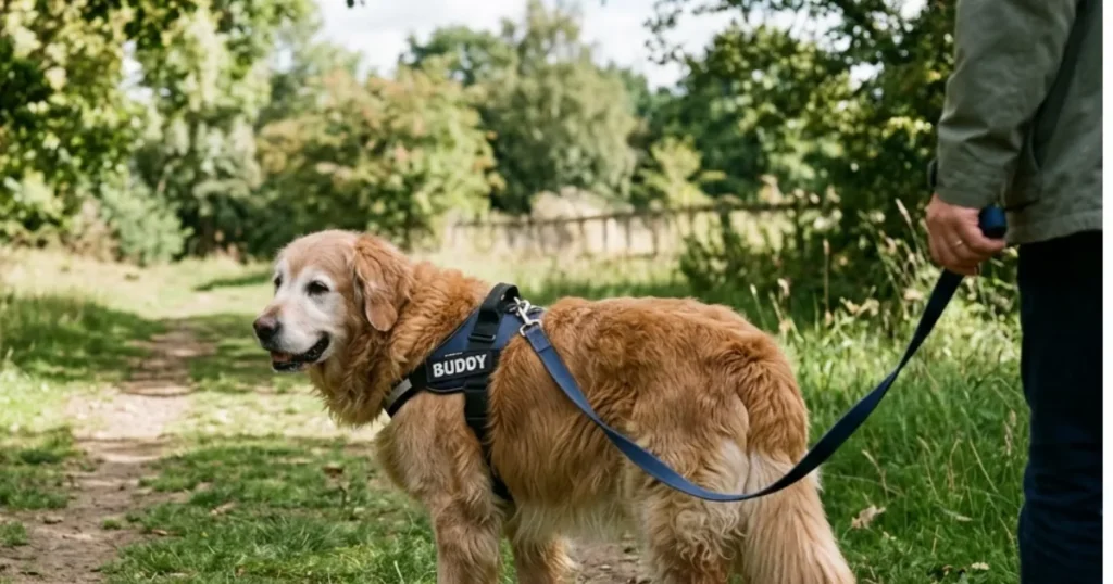 Old Golden Retriever Care: Old golden retriever enjoying a gentle senior walk outdoors
