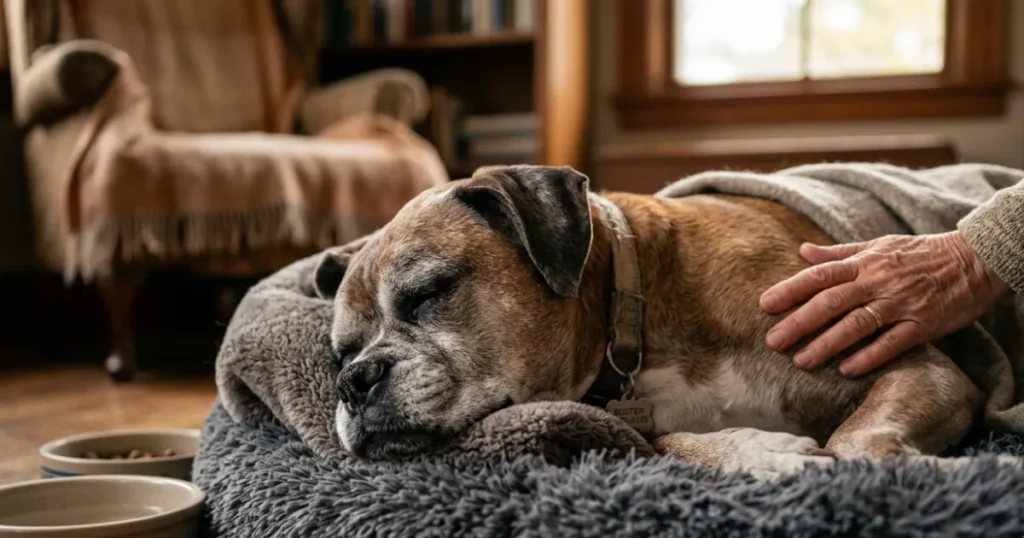 Signs a Boxer Dog is Dying: At home comfort care setup for a dying Boxer.