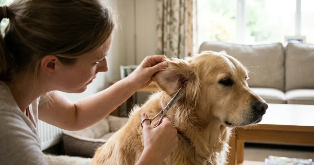 Trimming Golden Retriever Ear Hair: Trimming Golden Retriever ear hair safely with blunt-tipped scissors around the opening