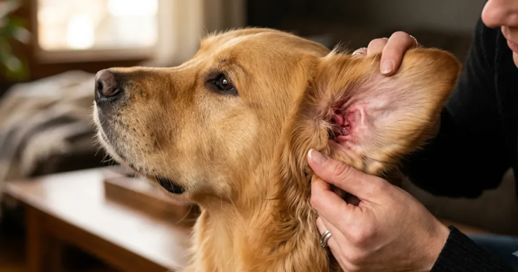 Yeast Vs Bacterial Ear Infection: Checking a Golden Retriever ear infection by lifting the flap to inspect the canal