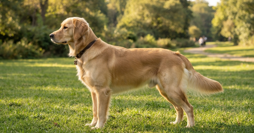 1 Year Old Golden Retriever: A 1 year old golden retriever standing in profile showing its lean, near-adult but still-filling-out frame.
