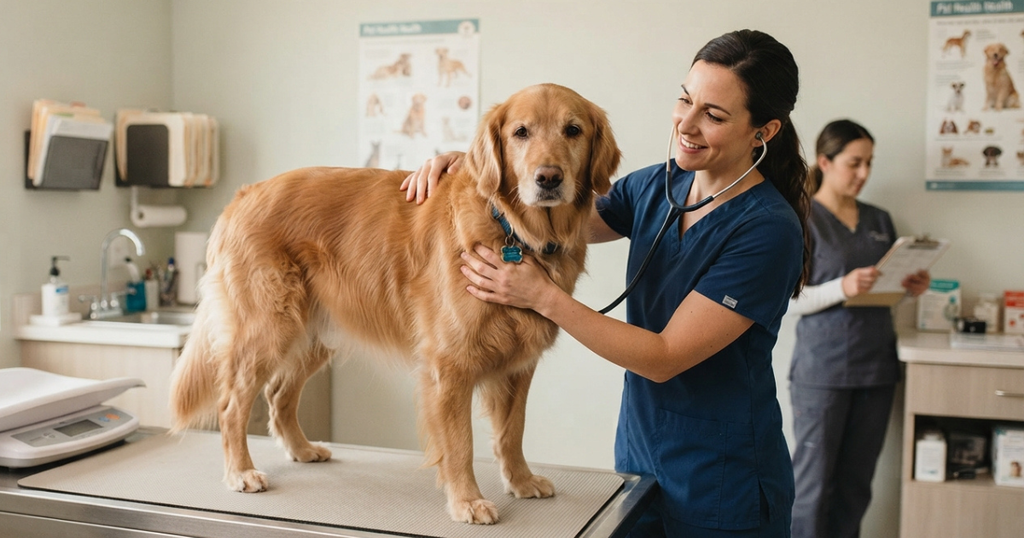 1 Year Old Golden Retriever Behavior: A 1 year old golden retriever at a routine annual wellness visit as care shifts to an adult schedule.