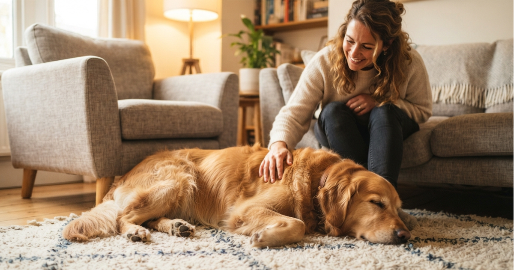 1 Year Old Golden Retriever Behavior:A golden retriever resting calmly at home, illustrating the calmer maturity that arrives after the teenage stage.