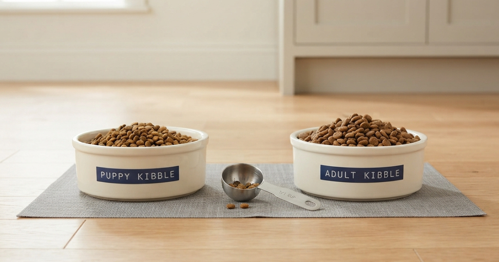 1 Year Old Golden Retriever Weight: Puppy and adult kibble bowls side by side illustrating a golden retriever's transition to adult food at one year.