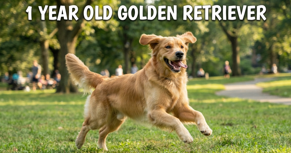 A 1 year old golden retriever playing energetically, showing an adult body paired with puppy-like behavior.
