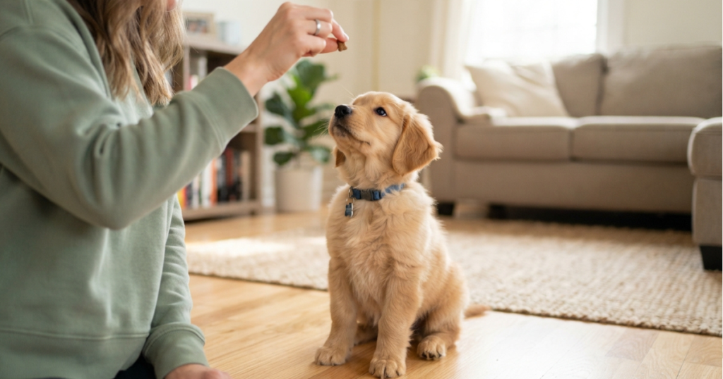 3 Month Old Golden Retriever Puppy: A 3 month old golden retriever learning to sit during a short reward-based training session at home.