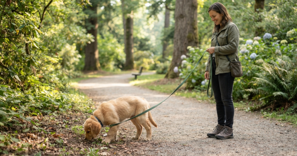 3 Month Old Golden Retriever Puppy: A 3 month old golden retriever on a short sniffing walk that respects its growing-joint exercise limits.