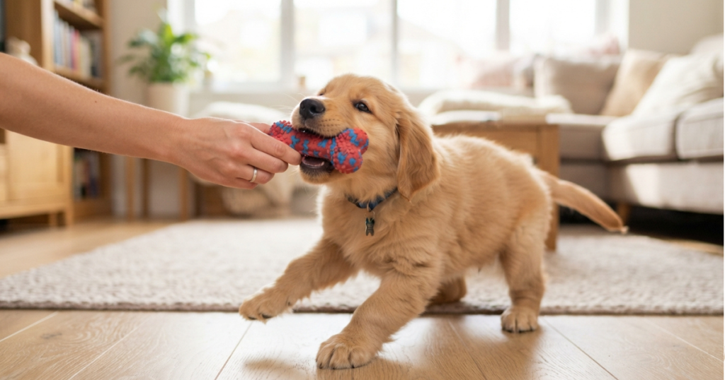 3 Month Old Golden Retriever Weight: A 3 month old golden retriever puppy being redirected to a chew toy during the teething biting phase.