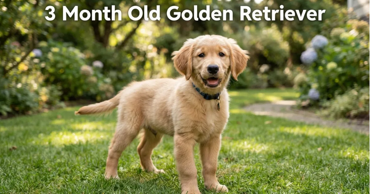 A 3 month old golden retriever standing on grass showing its leggy, fast-growing puppy build.