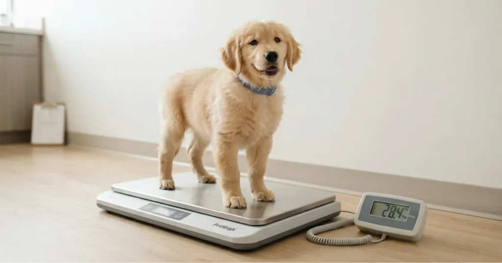 4 Month Old Golden Retriever: A 4 month old golden retriever being weighed to show a healthy range near thirty pounds.