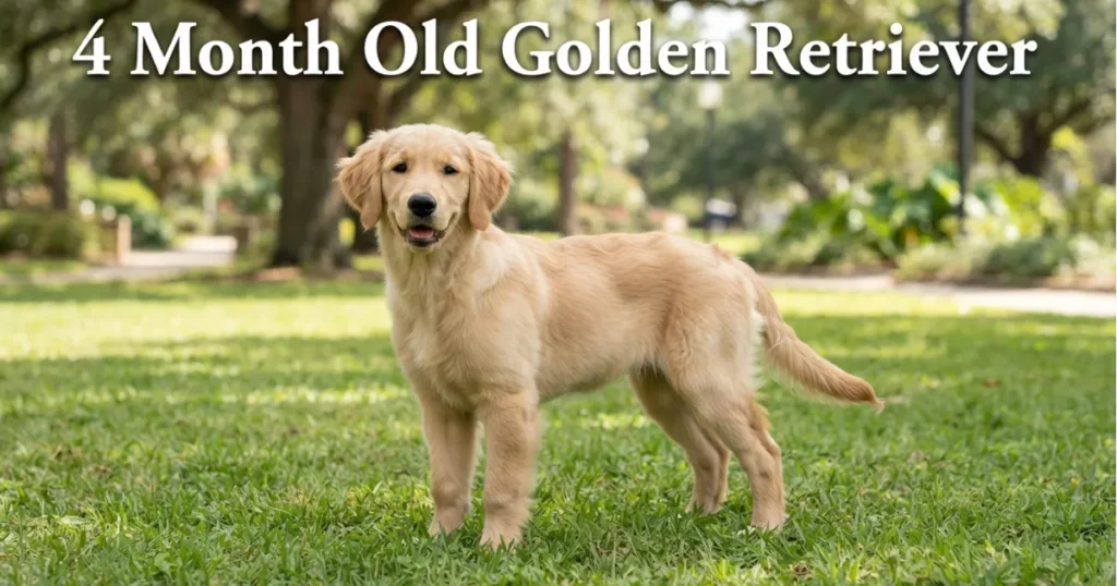 A 4 month old golden retriever standing outdoors showing its leggy, half-grown teenage build.