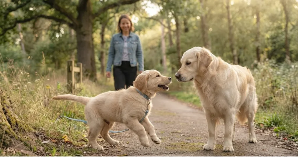 4 Month Old Golden Retriever Puppy: A newly vaccinated 4 month old golden retriever greeting another dog on its first public outing.