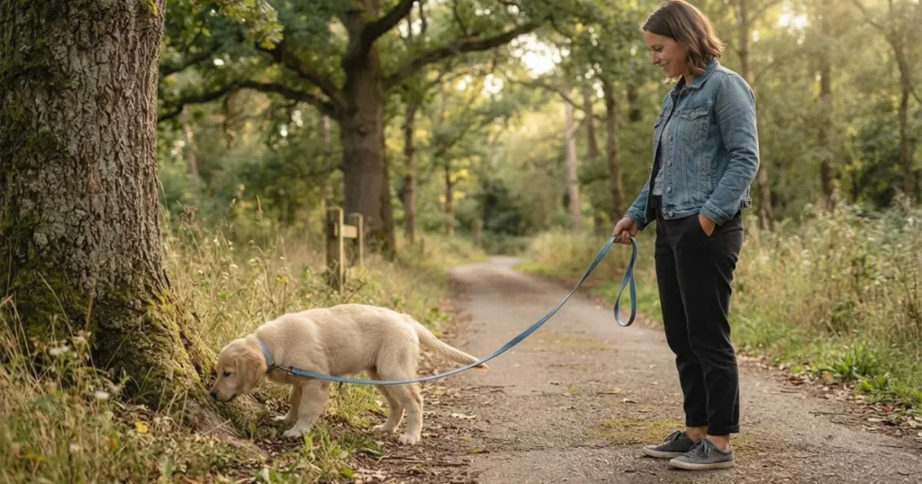 4 Month Old Golden Retriever Puppy: A 4 month old golden retriever on a short controlled walk that respects its growing-joint exercise limits.