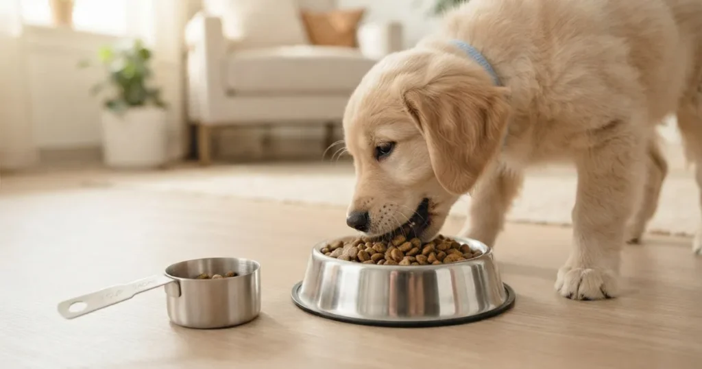 4 Month Old Golden Retriever Weight: A 4 month old golden retriever puppy eating a measured meal of large-breed puppy food.